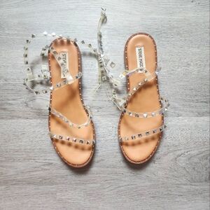 Steve Madden Women's Travel Clear Strappy Studded Flat Sandals Size 9.5